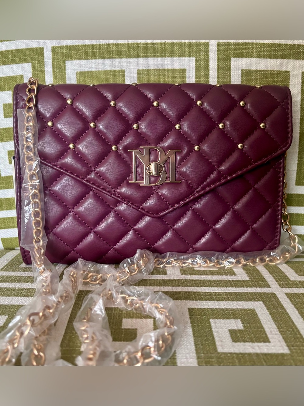 NEW! Badgley Mischka Diamond-Quilted Burgundy Gold Studded Convertible Crossbody